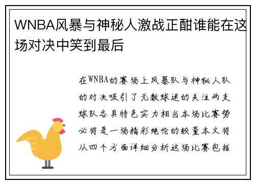 WNBA风暴与神秘人激战正酣谁能在这场对决中笑到最后