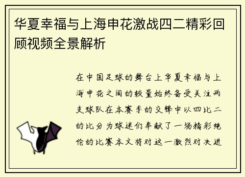 华夏幸福与上海申花激战四二精彩回顾视频全景解析