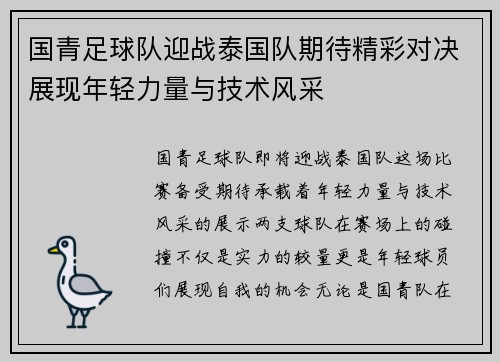 国青足球队迎战泰国队期待精彩对决展现年轻力量与技术风采
